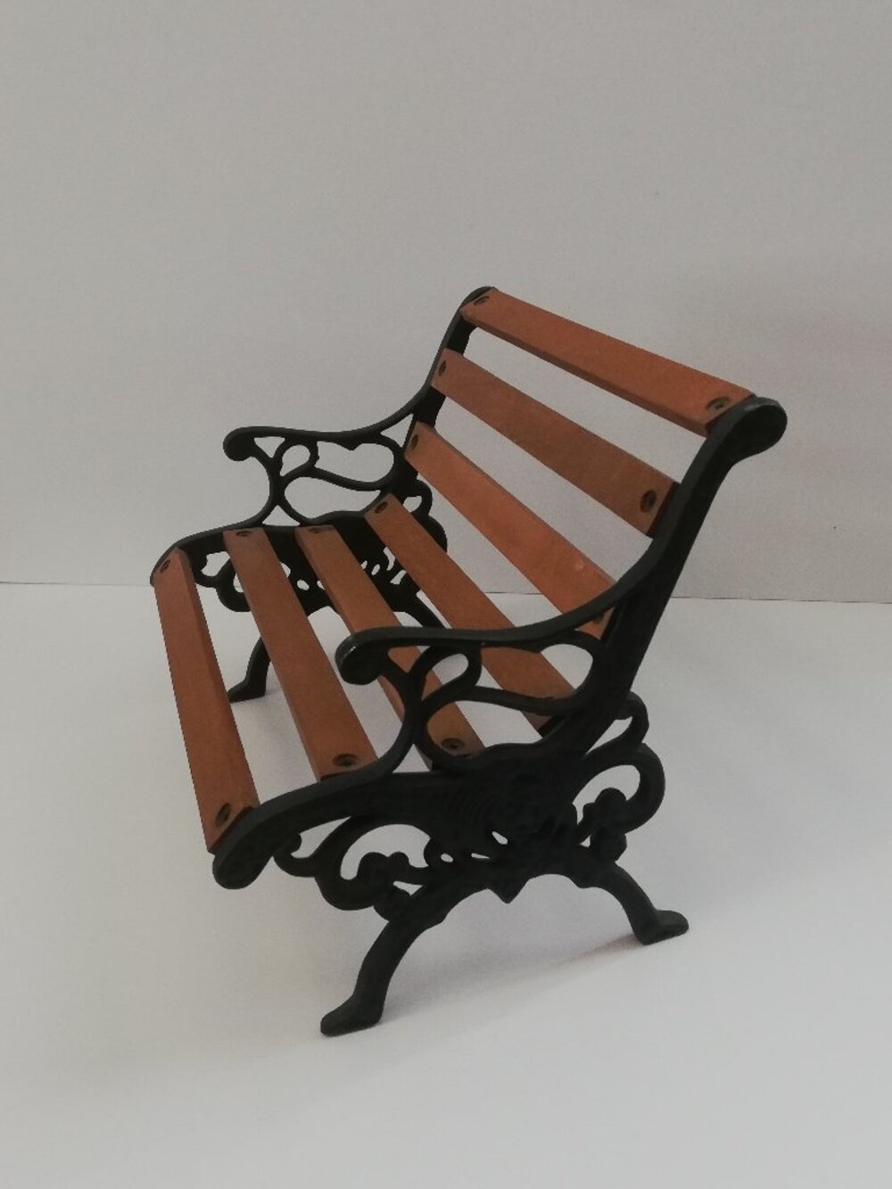 Miniature Wooden & Cast Iron Bench – Perfect for 18” Dolls (American Girl Size)
